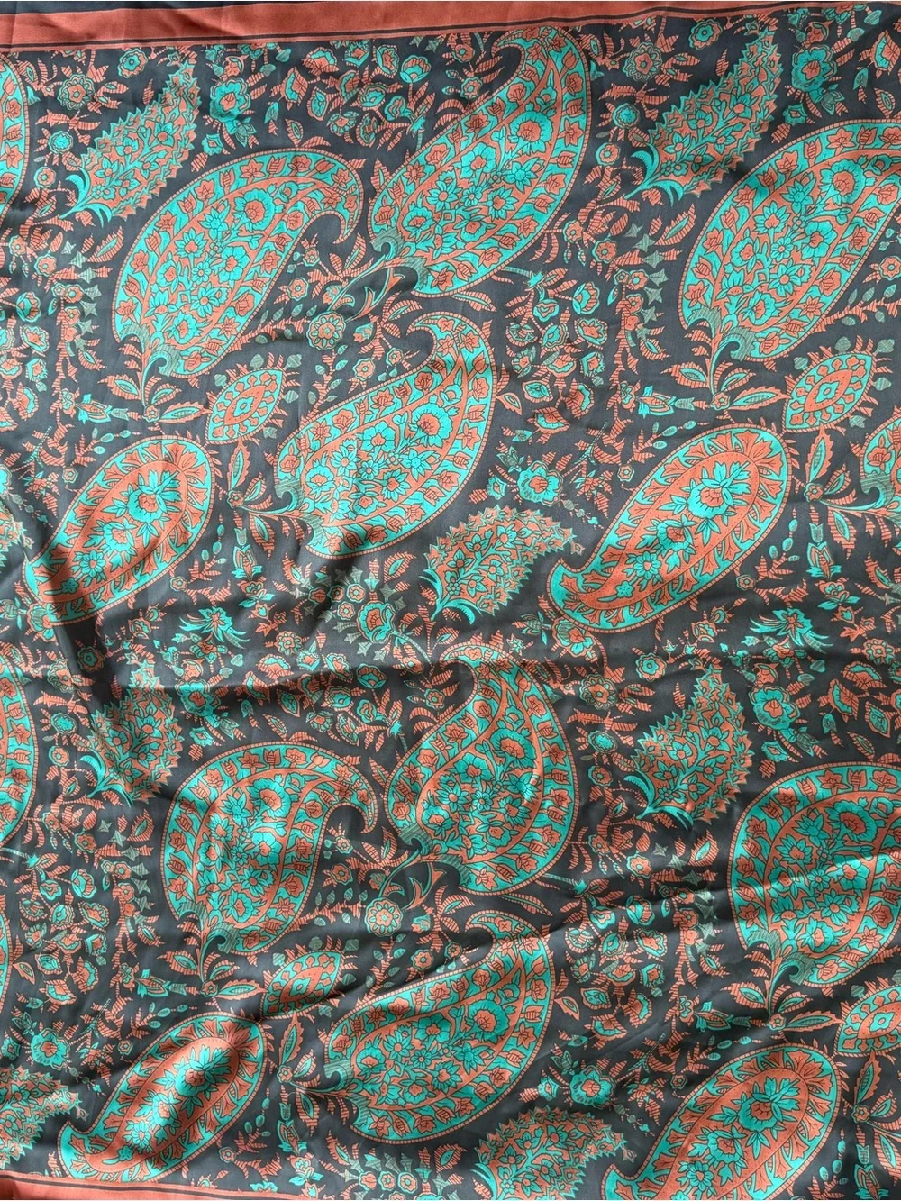 Paisley Silk-Feel Wrap Scarf in Teal & Rust